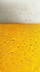 Close up of cold beer with foam and condensation drops on glass mug