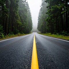 Asphalt Road Through Misty Forest with Yellow Center Line.