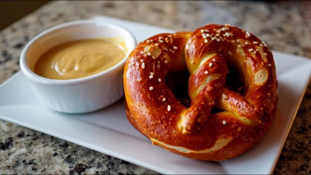 A soft pretzel with mustard dip on a plate.