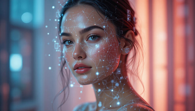 Woman's Face with Glowing Network Overlay Represents Future Technology Concepts