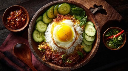 Savoring nasi lemak traditional malaysian dish with coconut rice and sambal culinary delights in a rustic setting