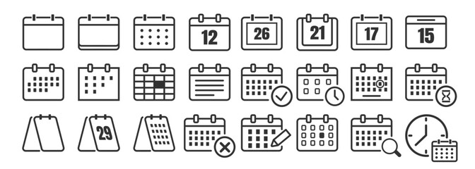 Calendar Icon Set. Flat Vector Symbols for Time Management, Scheduling, Deadlines, Reminders and Events on Transparent Background