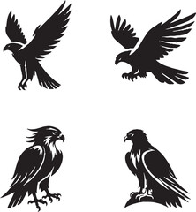 Black-and-White Stylized Birds of Prey Silhouettes in Dynamic Poses