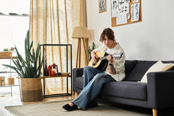 Young student practices guitar in a cozy home environment with natural light