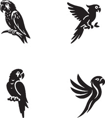 Black-and-White Stylized Parrot Illustrations in Various Poses