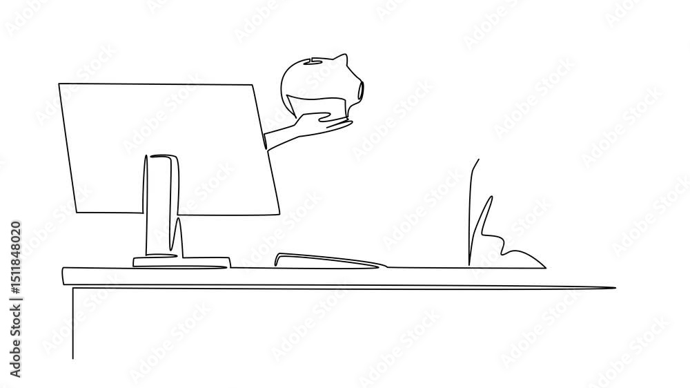 Poster self drawing animation of single continuous line drawing hands out of monitor screen while holding a