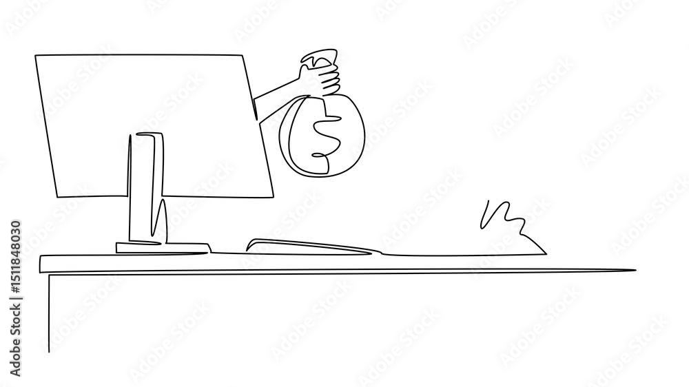 Aufkleber animation of continuous one line drawing hands out of monitor screen while holding money bag. fun bu