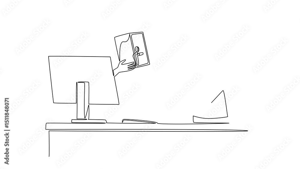 Poster animation of continuous one line drawing hands out of the monitor screen while holding a safe deposi