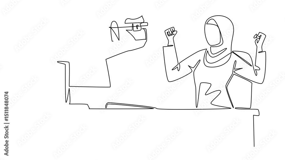 Poster animated self drawing of continuous line drawing hands out of the monitor screen while holding a tre