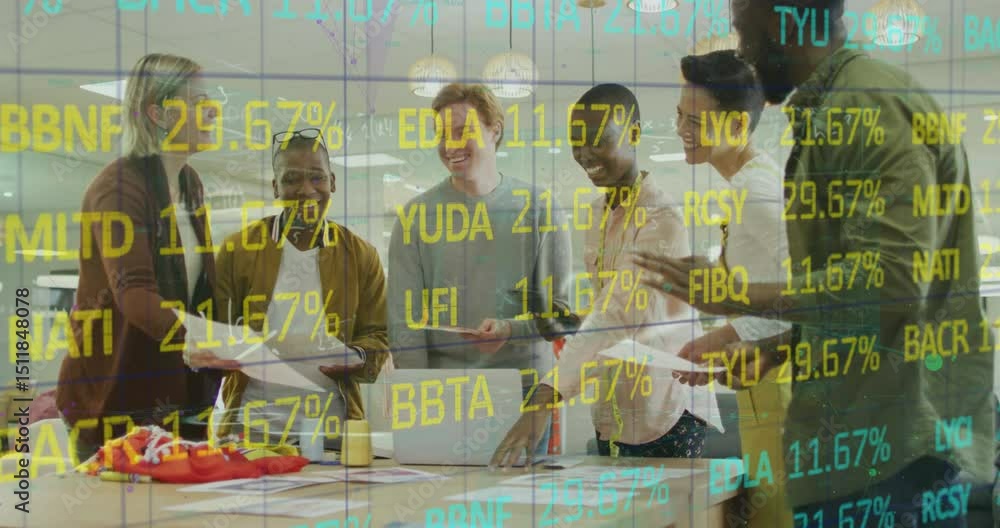 Poster business team receiving live data feed reviewing progress updates while animated percentages rising