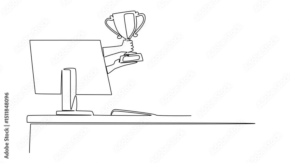Poster self drawing animation of single one line drawing hands out of the monitor screen while holding a tr