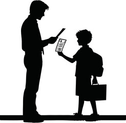 Silhouette of student receiving a report card from teacher vector isolated
on a white background