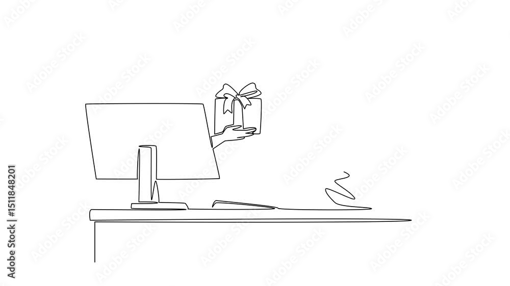 Poster self drawing animation of single one line drawing hands out of the monitor screen while holding a gi