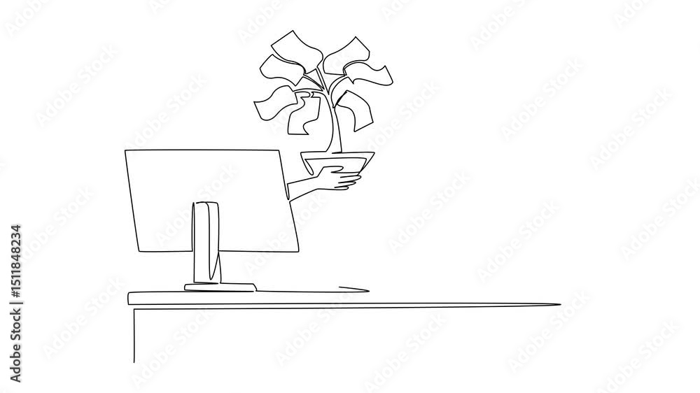 Poster animation of continuous line drawing hands out of monitor while holding money tree with leaves made 
