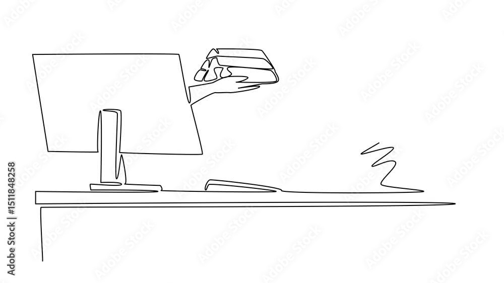 Poster self drawing animation of single one line drawing hands out of monitor screen while holding a gold s