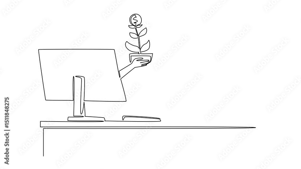 Poster animated self drawing of continuous line drawing hands out of the monitor screen while holding a mon