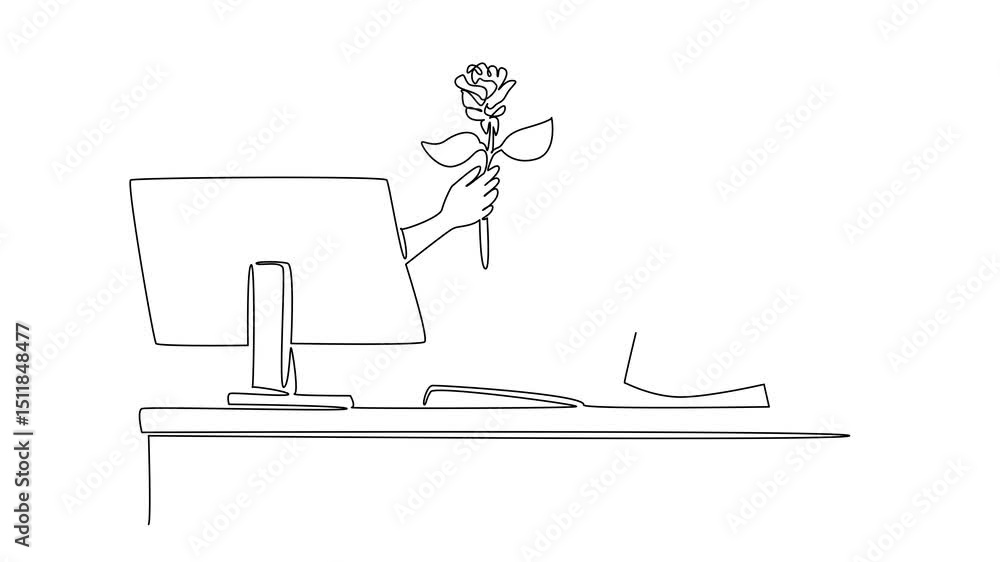 Aufkleber animation of continuous one line drawing hands out of the monitor screen while holding a rose flower