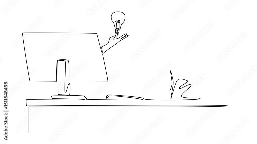 Poster self drawing animation of single one line drawing hands out of monitor screen while holding a bulb l