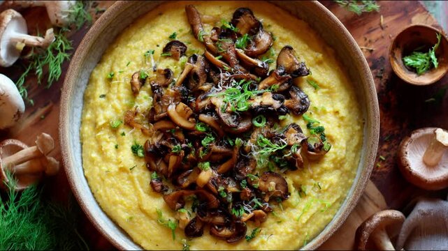 A delicious dish of creamy polenta topped with savory mushrooms.