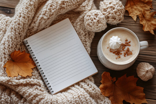 A cup of coffee and a notebook on autumn leaves.