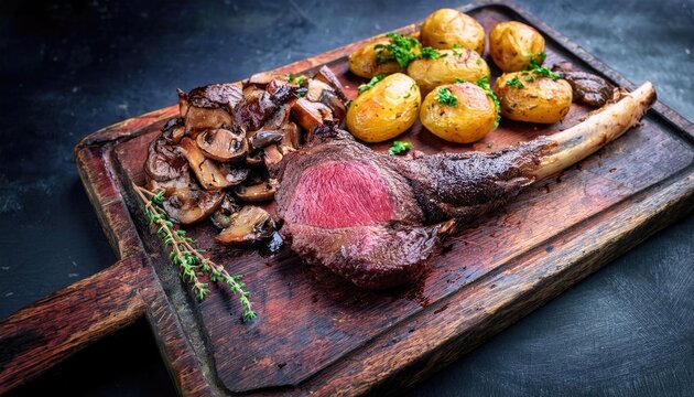 Barbecue dry aged haunch of venison with mushroom and potatoes as close-up on an old cutting board