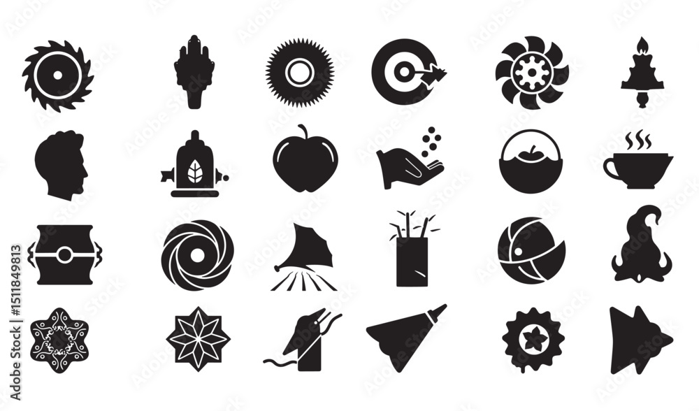 Poster collection of black and white icons representing various concepts and objects in minimalist design