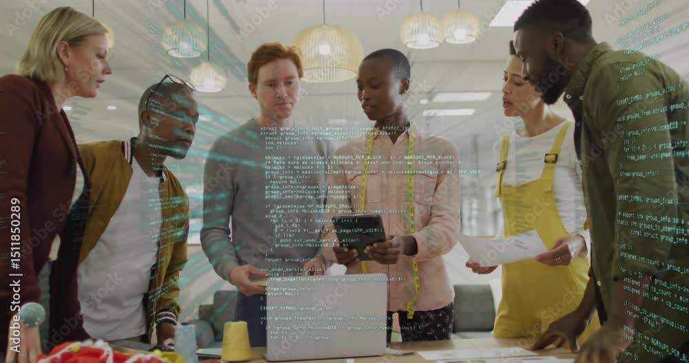 Poster designer hovering hand above laptop showcasing design mockup and code graphics with team nodding