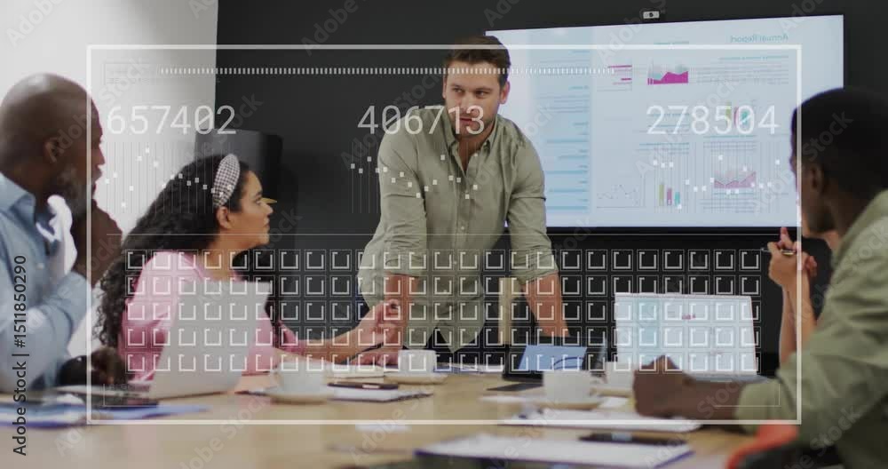 Poster standing speaker speaking while leaning and generating data scan overlay in business presentation