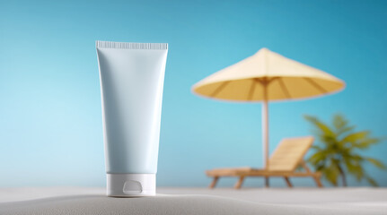 A tube of sunscreen stands on soft sand under a bright sun. In the background, a beach umbrella and lounge chair provide shade, emphasizing the theme of sun safety at a coastal location.