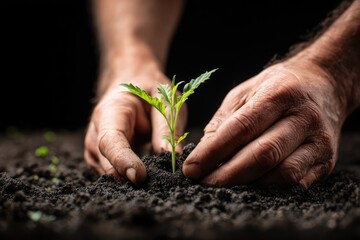 Nurturing Growth: Hands tenderly plant a young seedling in fertile soil, symbolizing new life, environmental awareness, and the promise of future harvests.