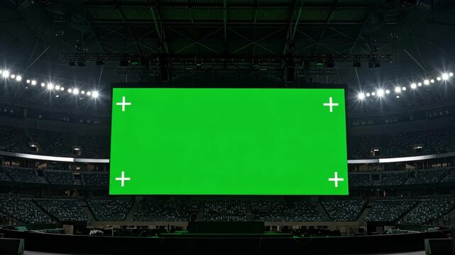Large chroma key green screen inside a sports stadium.