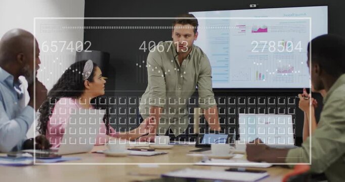 standing speaker speaking while leaning and generating data scan overlay in business presentation