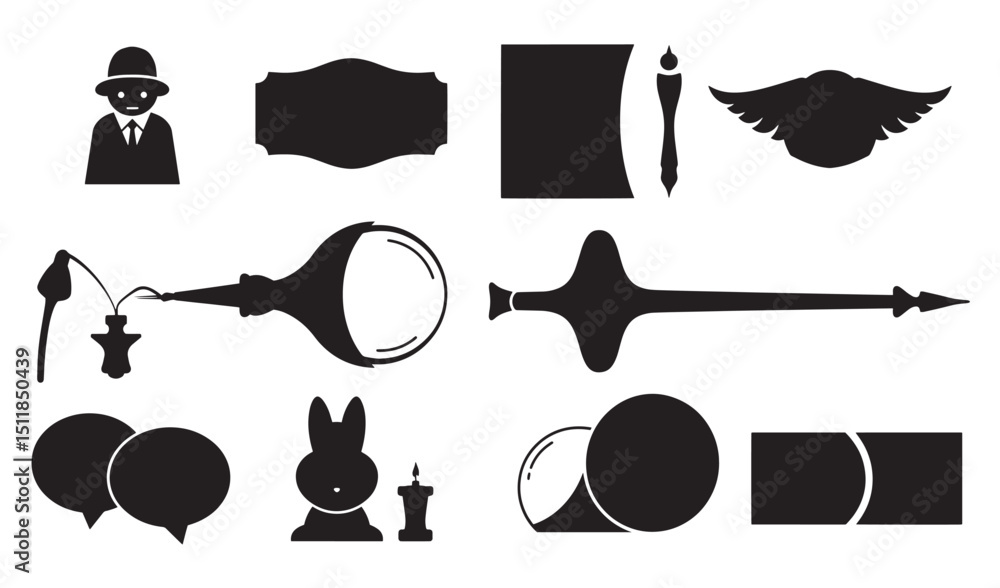 Poster collection of black vector icons representing various abstract concepts and design elements