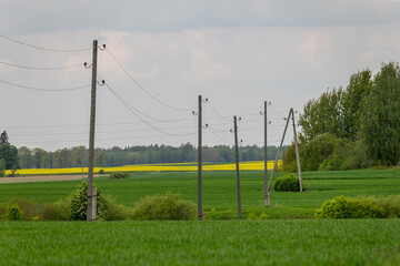 Country side electric wire communication lines across agriculture fields outdoors outside city, electricity line poles