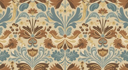 Fototapeta premium Elegant Damask Pattern Brown, Beige, and Blue Floral Design