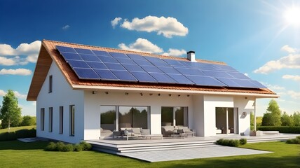 Modern eco-friendly house roof with solar panels installed. Sunny day with partly cloudy sky. Home energy system. Renewable energy source. Photovoltaic tech. Residential house. 