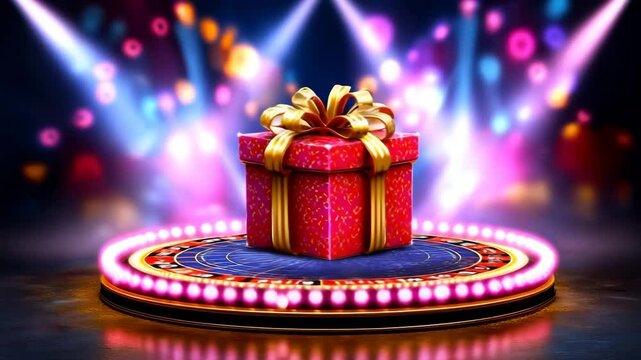 Red and gold gift with a magnificent bow shines on a round stage under bright spotlights. The sparkling gift beckons with a surprise and a bonus, creating an atmosphere of expectation of good luck