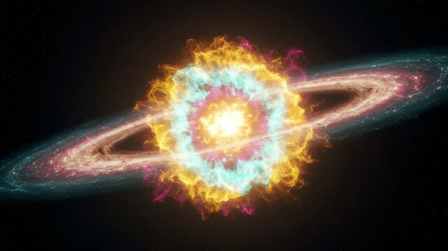 Vibrant cosmic explosion with swirling colors and rings, depicting a stellar event in space