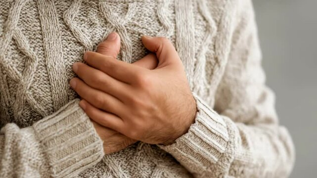 Person presses his hands to his chest, feeling pain in his heart. The gesture highlights the seriousness of a possible heart problem and reminds you to take care of your heart health during
