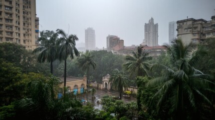 Rainy Day in Urban Landscape with Buildings and Lush Greenery