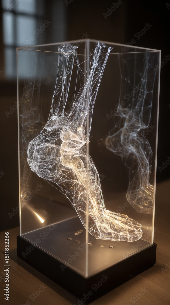 Poster a transparent cube containing a glowing wireframe model of a human foot and ankle anatomy display