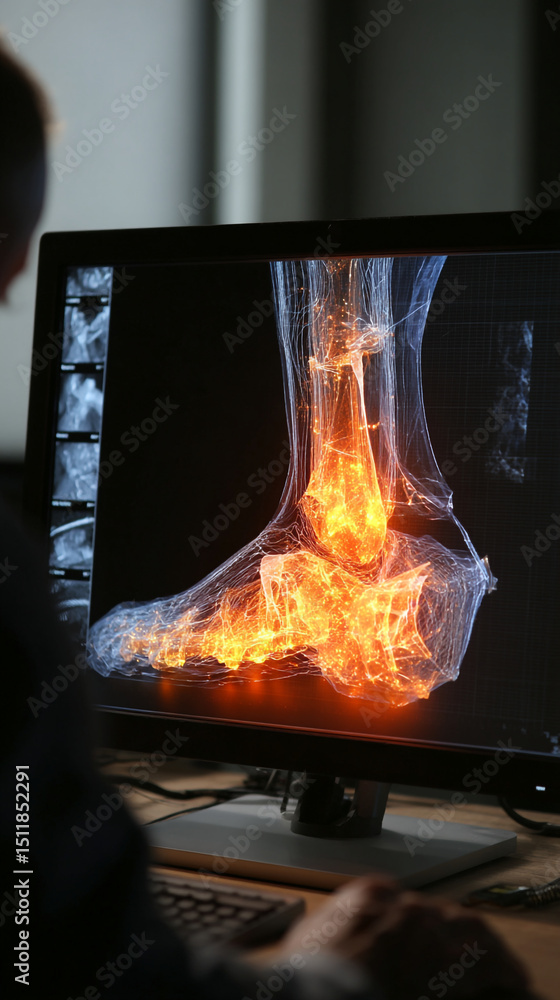 Poster person viewing a foot scan on a computer monitor with x ray images displayed on the side panel