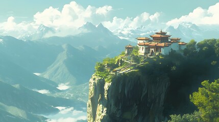 A peaceful Buddhist monastery on a mountain ledge