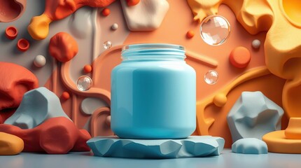 Elegant Pastel Blue Jar Mockup with Holographic Elements in Sculptural Clay Art