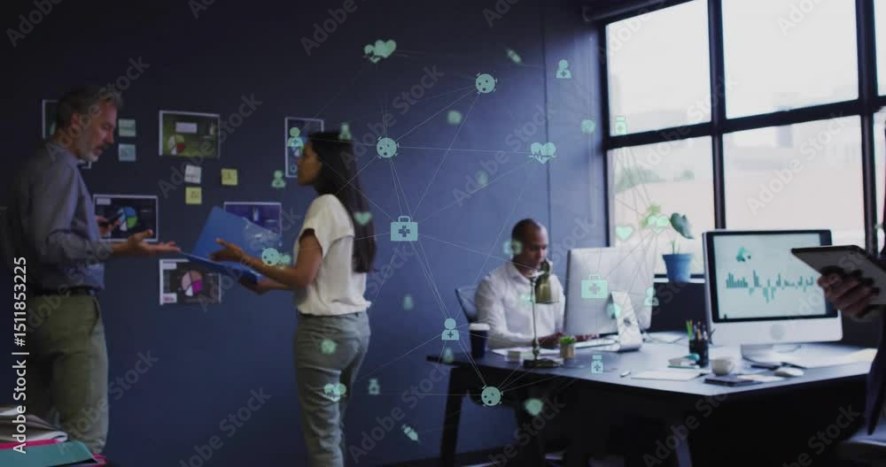 Poster business lead presenting charts while manager joining and team scrolling tablet under data icons