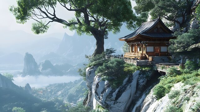 A peaceful Buddhist monastery on a mountain ledge