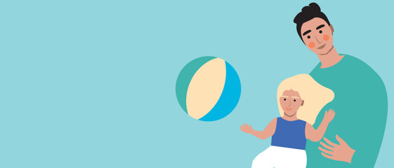 Authentic Family for Fathers Day, Dad Playing Ball with Baby Girl, Flat Vector Stock Illustration