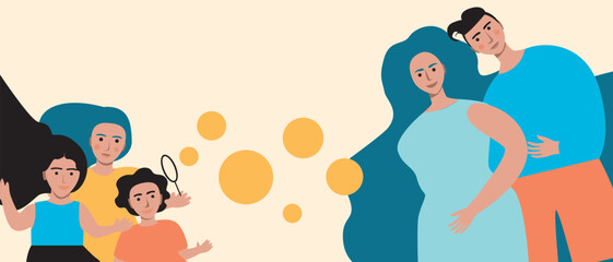 Family home and big happy family, flat vector stock illustration with grandma and grandpa, mom and dad and kids