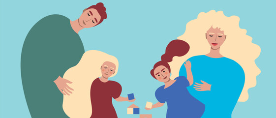 Family home and big happy family, flat vector stock illustration with grandma and grandpa, mom and dad and kids