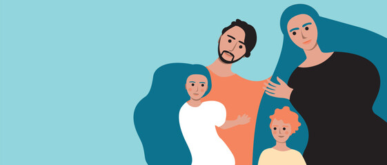 Family home and big happy family, flat vector stock illustration with grandma and grandpa, mom and dad and kids